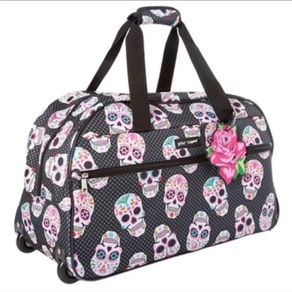 BETSEY JOHNSON “SKULL PARTY!” WHEELED DUFFLE  LUGGAGE TRAVEL BAG - Picture 1 of 8